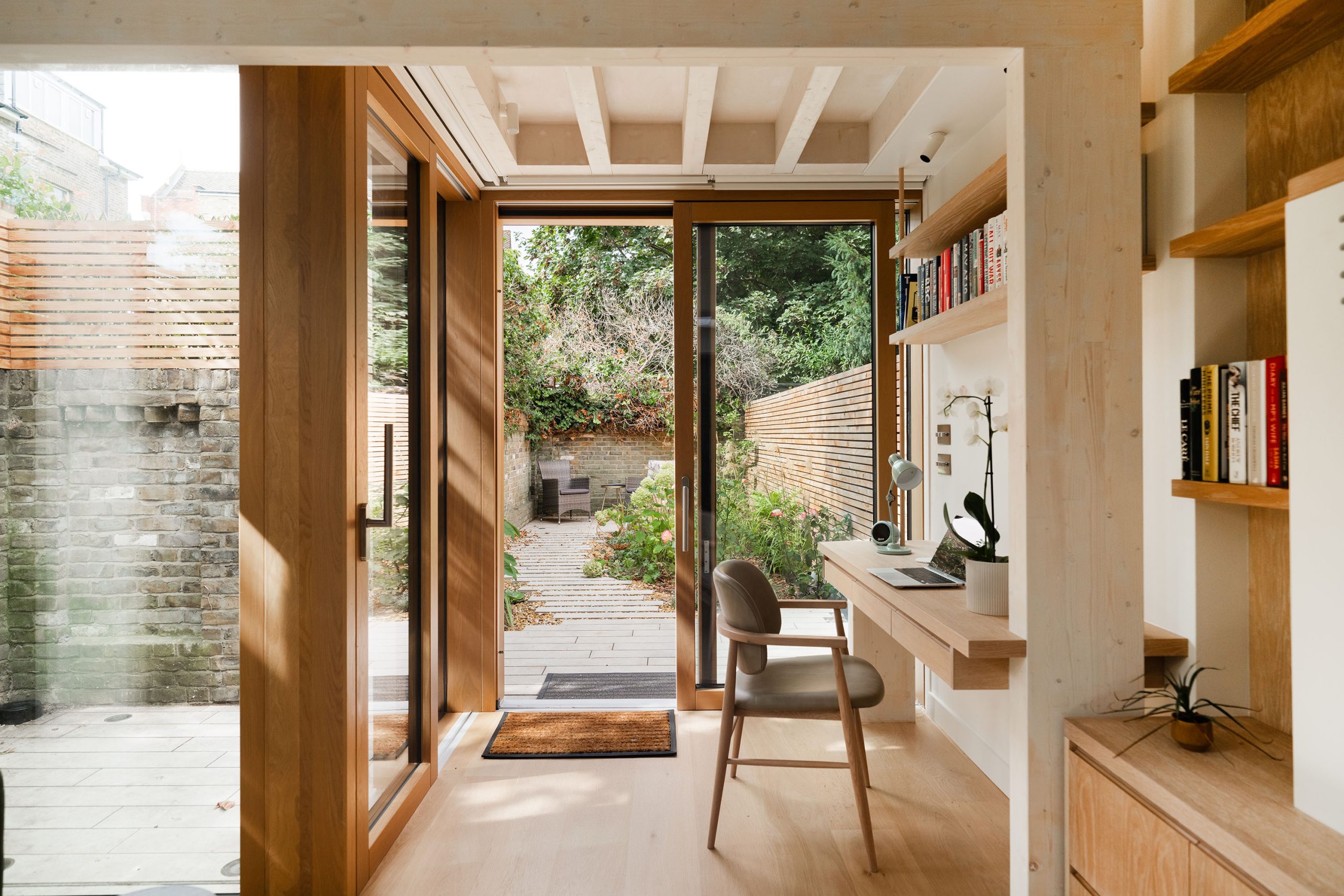 Home office with glulam frame structure in London townhouse extension